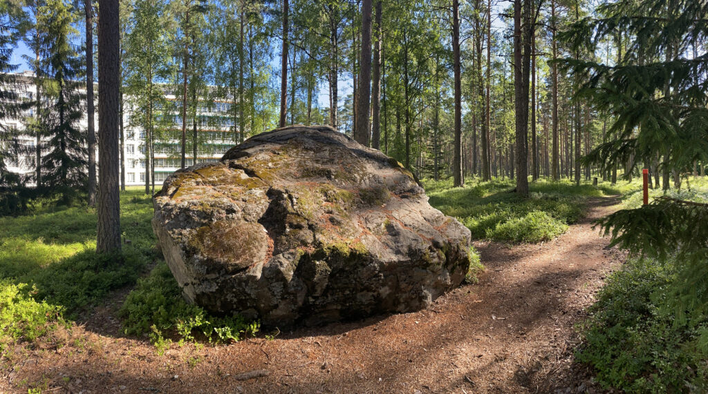Kuva polusta metsässä, jossa ison kiven takana pilkottaa Paimion parantola.