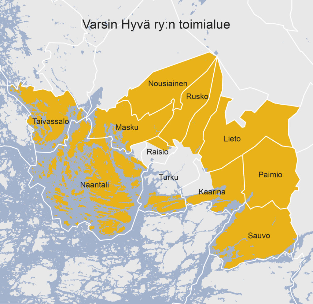 Kartta, jossa Varsin Hyvän toimialue on väritetty oranssiksi.